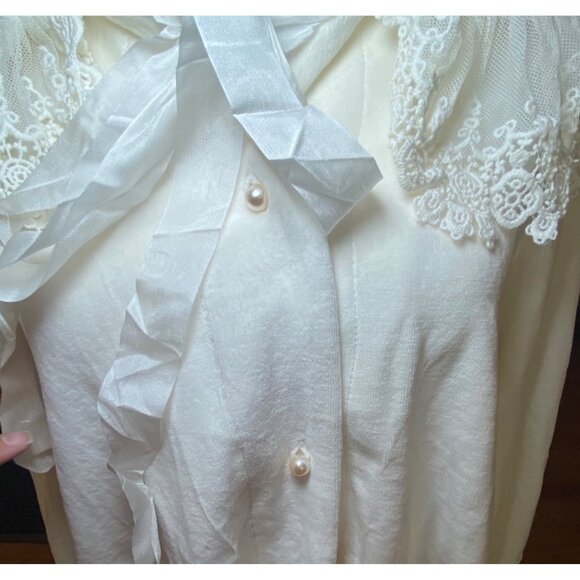 Ivory Cream Lace Collar Bed Jacket Floral Embroidery Romantic Cottagecore - Picture 6 of 11